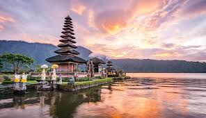 Sunrise over the lush rice terraces of Bali, Indonesia, with tropical palm trees and traditional farming landscapes.