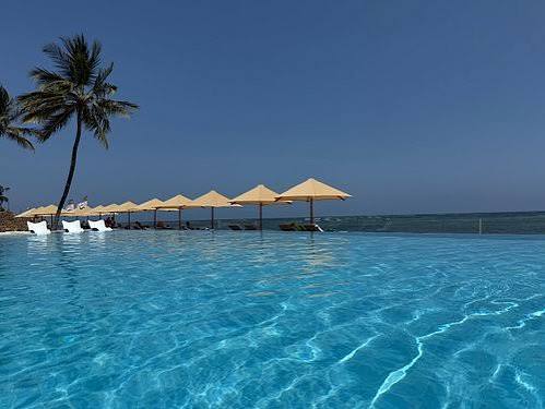 White sandy shoreline of Bamburi Beach with palm trees and the turquoise waters of the Indian Ocean in Mombasa, Kenya.