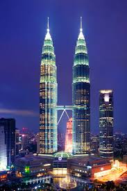Petronas Twin Towers and Kuala Lumpur skyline at sunset in Malaysia